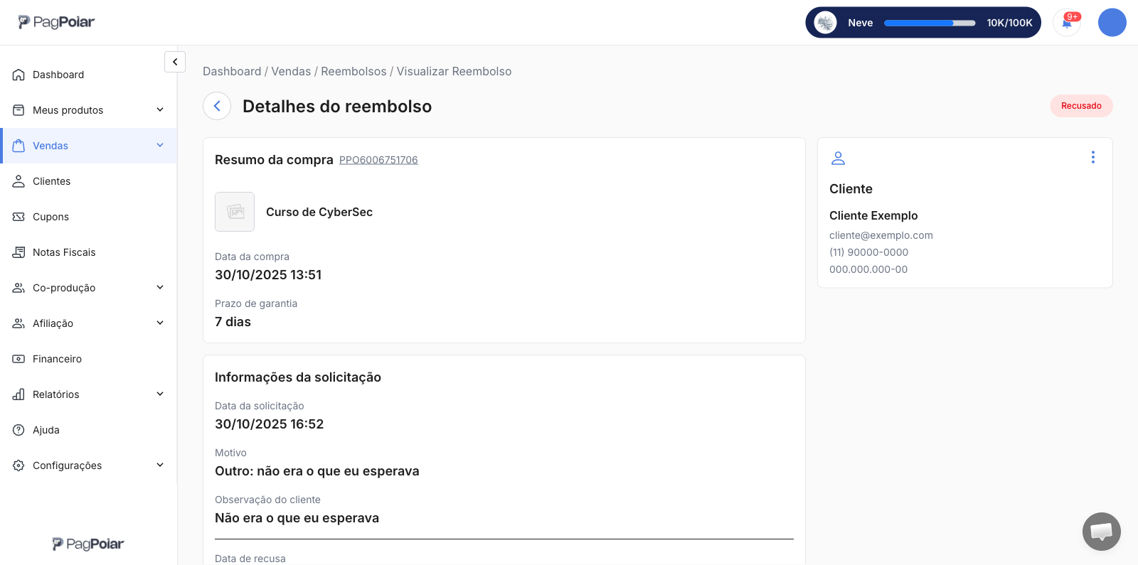 Tela Detalhes do reembolso com um pedido recusado, mostrando o resumo da compra, o motivo do cliente e o motivo da recusa