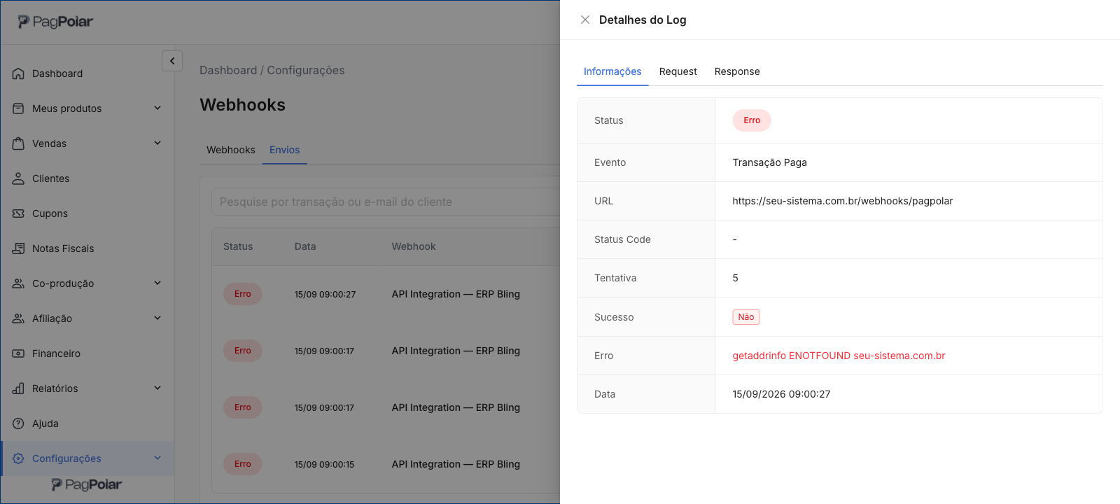Painel Detalhes do Log de um envio com erro: evento Transação Paga, URL, quinta tentativa, sucesso Não e a mensagem de erro de endereço não encontrado
