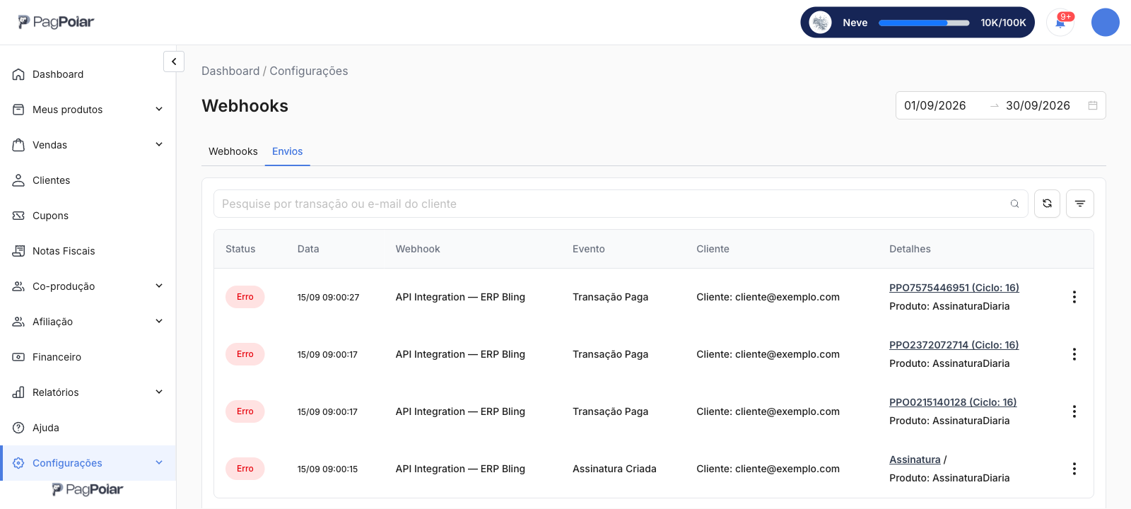 Aba Envios em Configurações → Webhooks, com envios com erro, a data, o webhook, o evento, o cliente e o código da venda de cada um