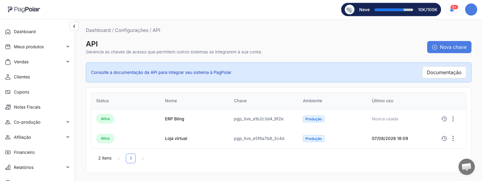 Tela Configurações → API com duas credenciais ativas em Produção e o botão Nova chave no canto superior direito