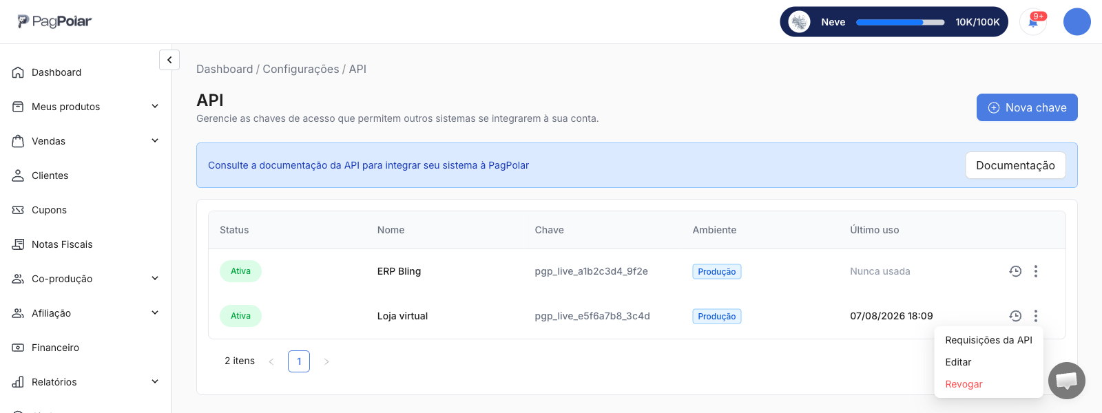 Menu de três pontos de uma credencial aberto, com as opções Requisições da API, Editar e Revogar