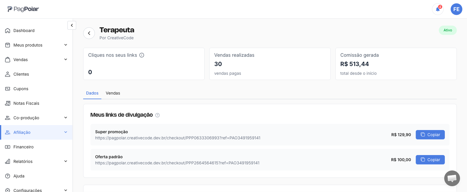 Tela da afiliação no painel do afiliado, com a seção Meus links de divulgação e um link de checkout terminado em ?ref= seguido do código do afiliado