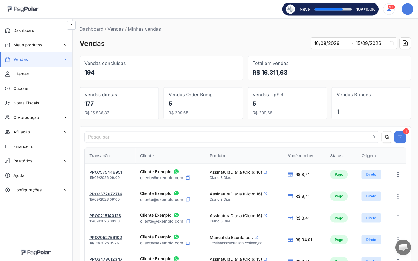 Tela Minhas vendas do painel, com a lista de vendas, o código, o cliente, o produto, o valor recebido e o status de cada venda