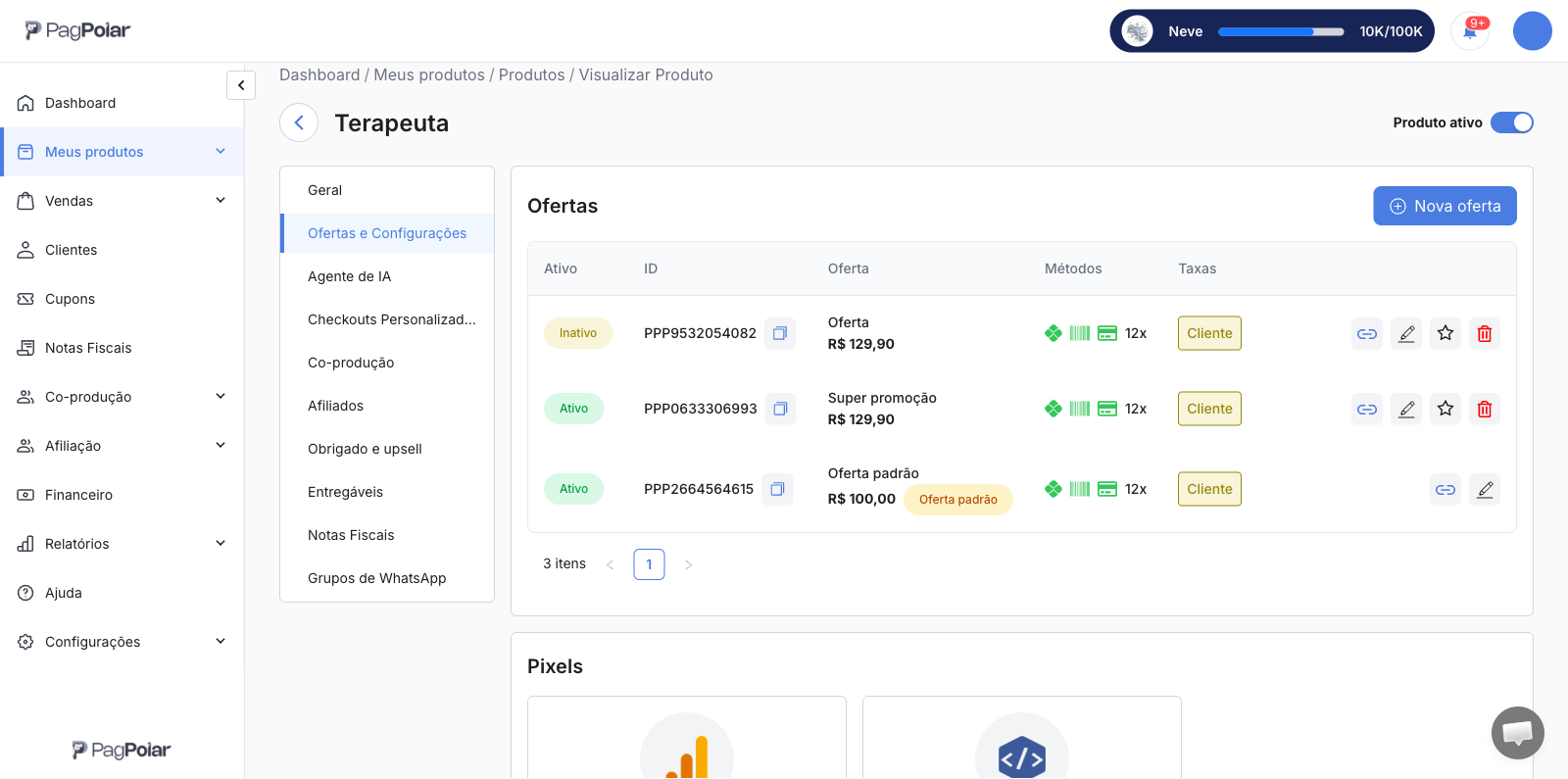 Tela de configuração do produto, aba Ofertas e Configurações, com as ofertas, o código de cada uma, o preço, os meios de pagamento e as parcelas