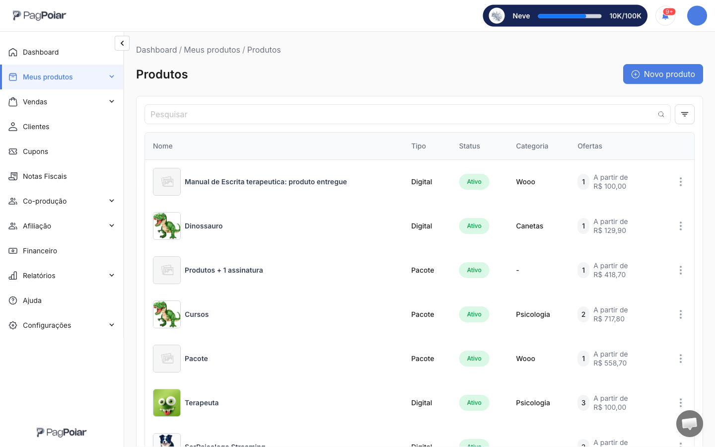 Tela Meus produtos, Produtos, com a lista de produtos, o tipo, o status, a categoria e a quantidade de ofertas de cada um