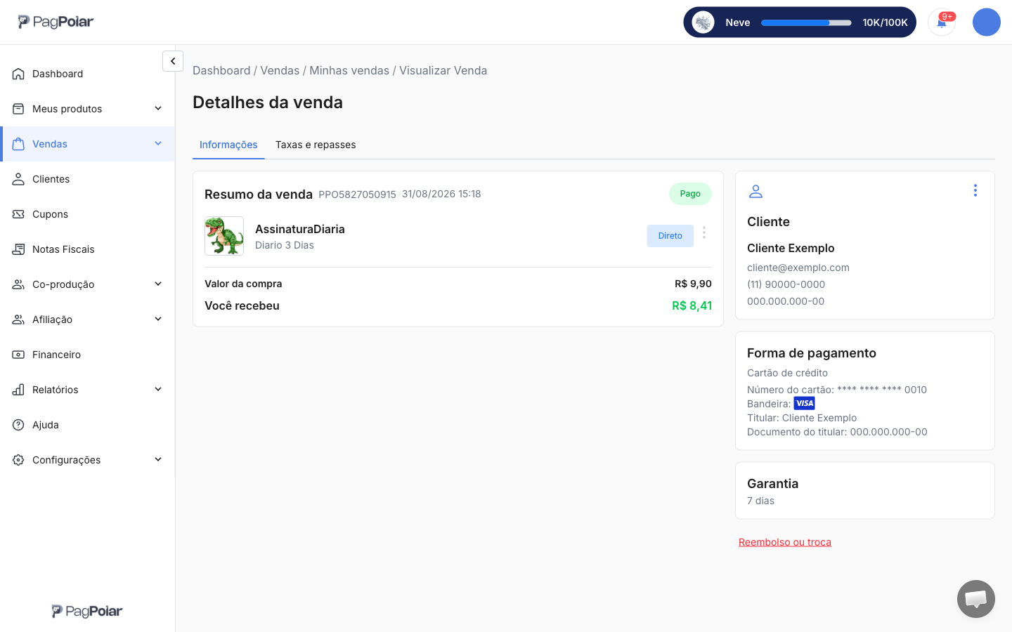Tela Detalhes da venda com a venda do primeiro ciclo de uma assinatura paga no cartão de crédito