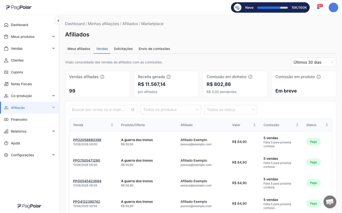 Tela Afiliação, Afiliados, aba Vendas, com os indicadores de vendas afiliadas e comissão e a lista de vendas com o afiliado e a comissão de cada uma